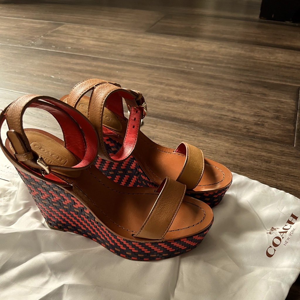 Coach Woven Leather Wedges - Brown / Red - Sz 6
